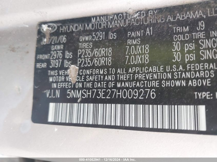 2007 Hyundai Santa Fe Limited/Se VIN: 5NMSH73E27H009276 Lot: 41052941