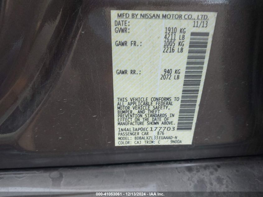 VIN 1N4AL3AP0EC177703 2014 Nissan Altima, 2.5 SL no.9