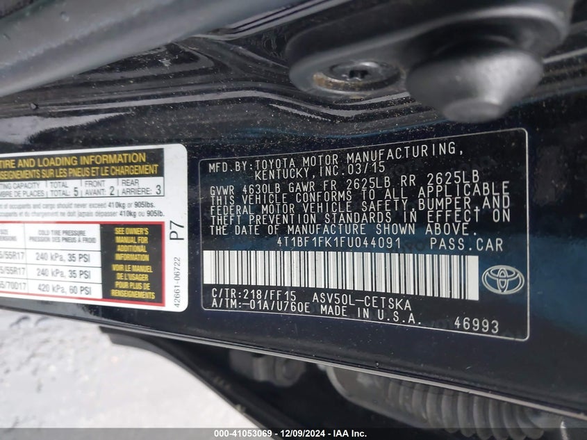 2015 TOYOTA CAMRY VIN: 4T1BF1FK1FU044091