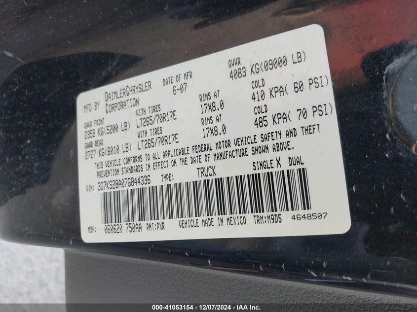 2007 DODGE RAM 2500 VIN: 3D7KS28A07G844336