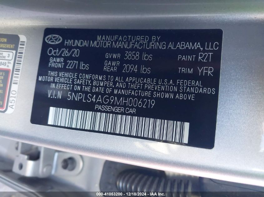 VIN 5NPLS4AG9MH006219 2021 HYUNDAI ELANTRA no.9