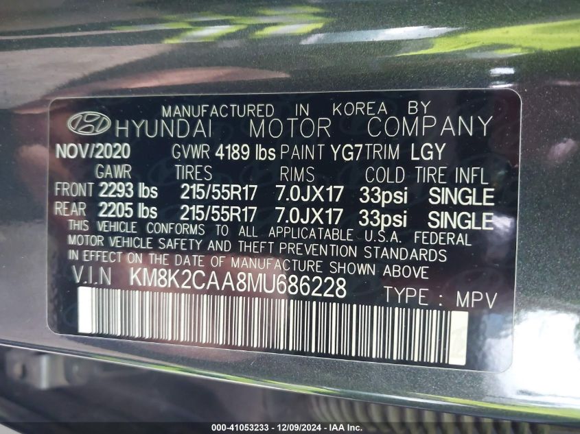 2021 HYUNDAI KONA VIN: KM8K2CAA8MU686228
