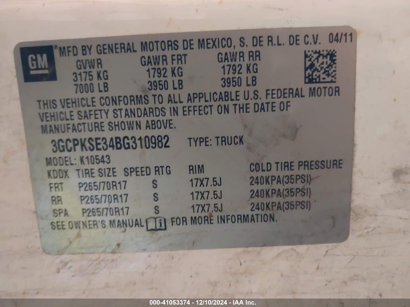2011 CHEVROLET SILVERADO VIN: 3GCPKSE34BG310982