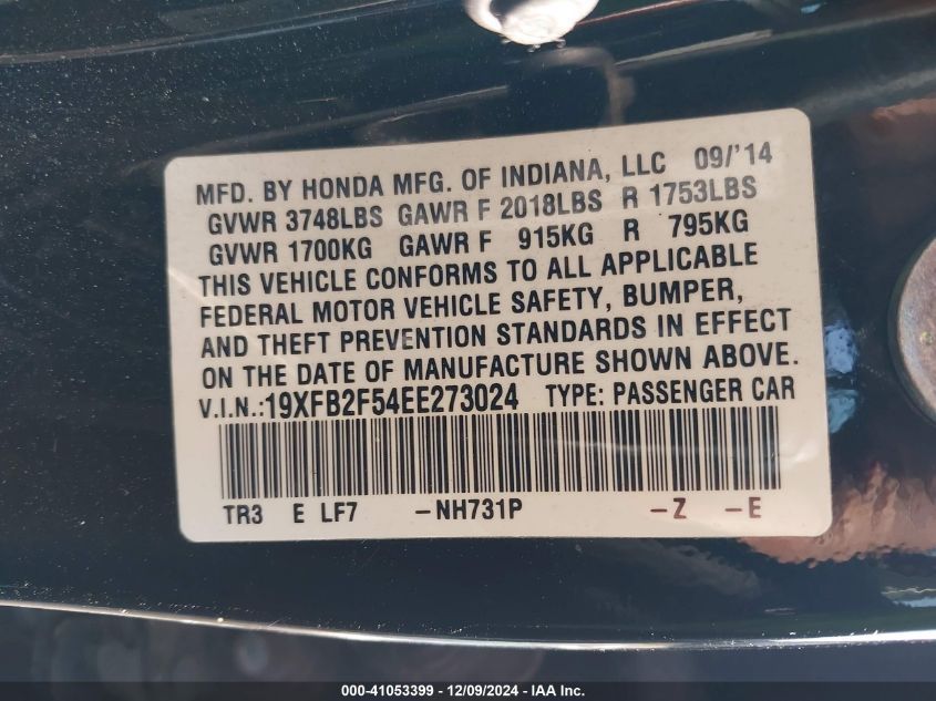 VIN 19XFB2F54EE273024 2014 HONDA CIVIC no.9