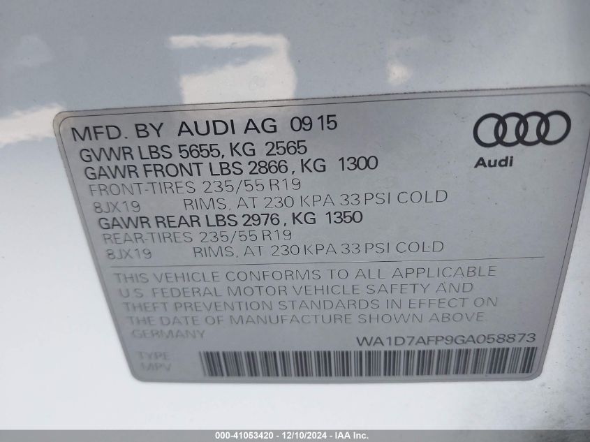 VIN WA1D7AFP9GA058873 2016 Audi Q5, 3.0T Premium Plus no.9