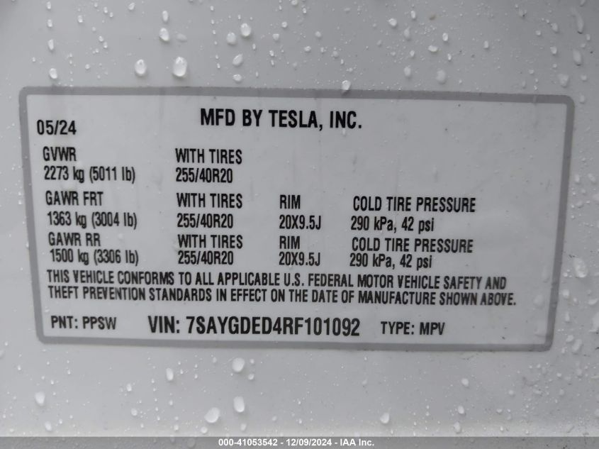 2024 Tesla Model Y Long Range Dual Motor All-Wheel Drive/Rwd VIN: 7SAYGDED4RF101092 Lot: 41053542