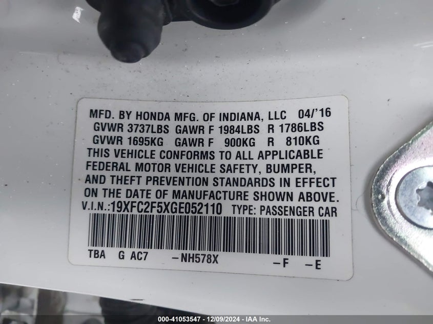2016 HONDA CIVIC VIN: 19XFC2F5XGE052110