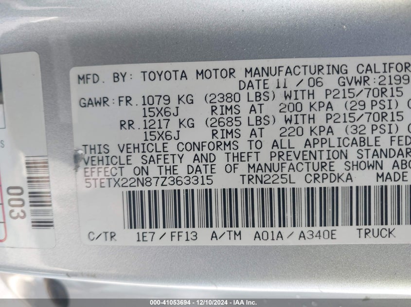 2007 TOYOTA TACOMA VIN: 5TETX22N87Z363315