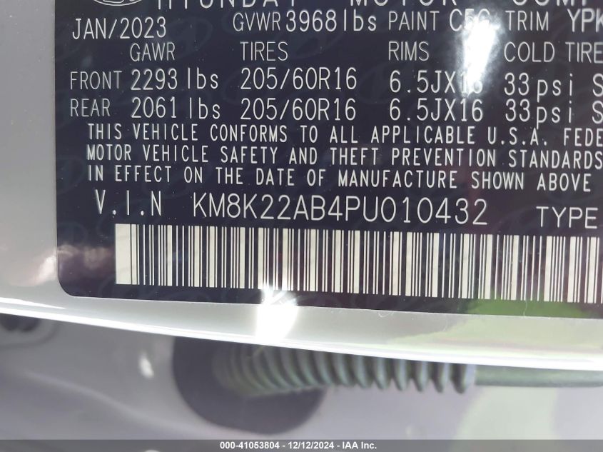 VIN KM8K22AB4PU010432 2023 HYUNDAI KONA SE