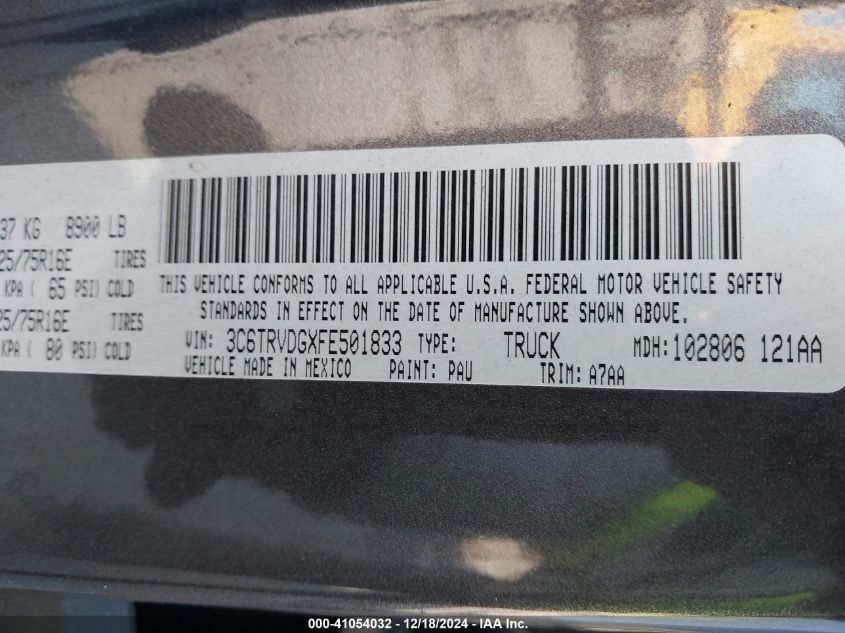 2015 Ram Promaster 2500 High Roof VIN: 3C6TRVDGXFE501833 Lot: 43450532