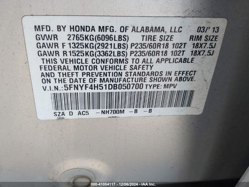 VIN 5FNYF4H51DB050700 2013 Honda Pilot, Ex-L no.9