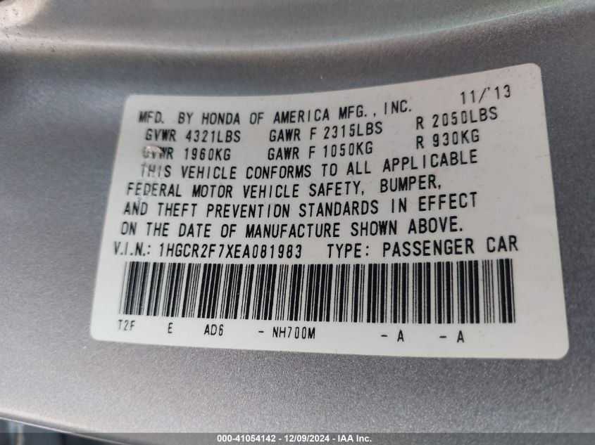 VIN 1HGCR2F7XEA081983 2014 Honda Accord, EX no.9