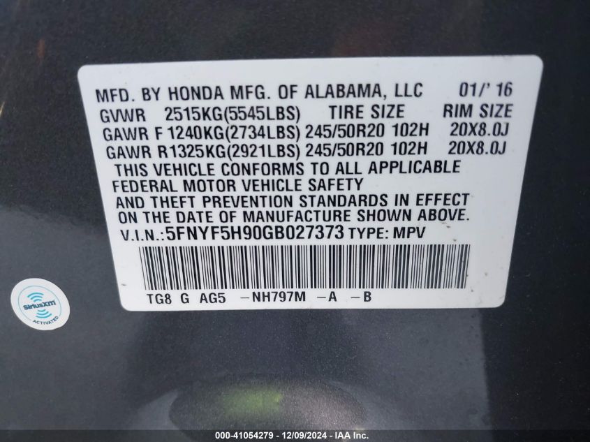 VIN 5FNYF5H90GB027373 2016 Honda Pilot, Touring no.9