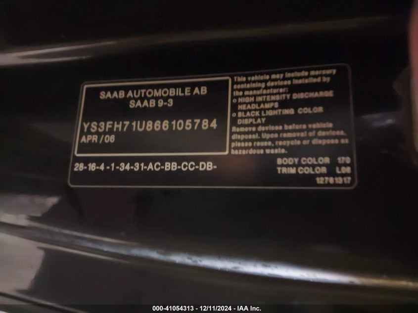 2006 SAAB 9 3 VIN: YS3FH71U866105784