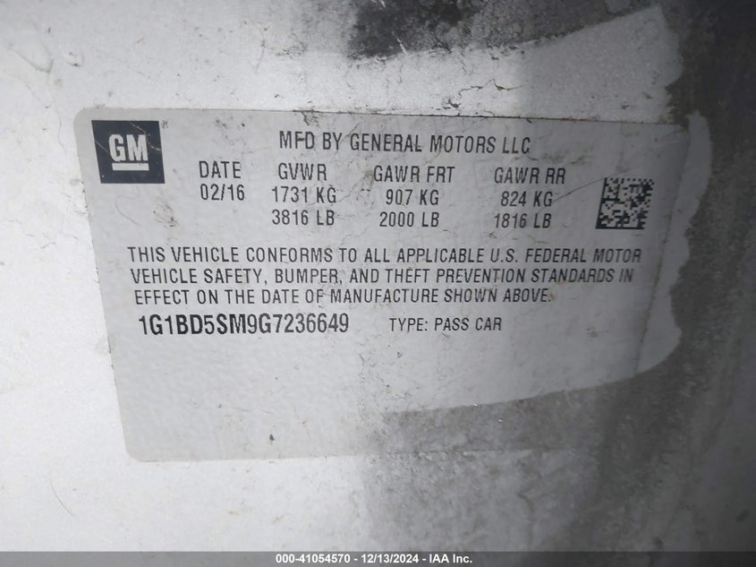 2016 CHEVROLET CRUZE VIN: 1G1BD5SM9G7236649