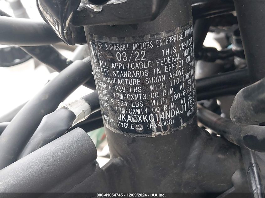 2022 Kawasaki Ex400 VIN: JKAEXKG14NDJA1155 Lot: 41054745