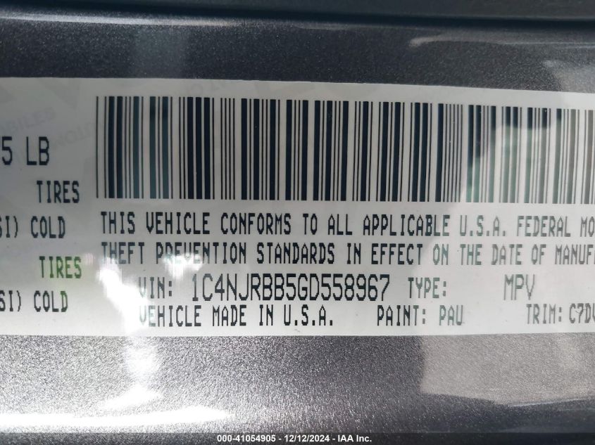 VIN 1C4NJRBB5GD558967 2016 Jeep Patriot, Sport no.9