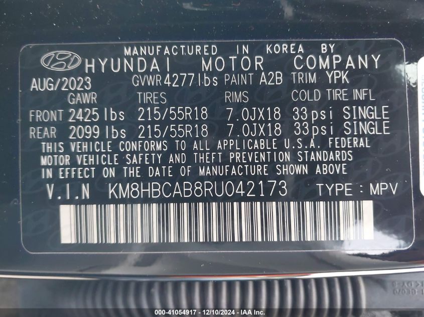 2024 Hyundai Kona Sel VIN: KM8HBCAB8RU042173 Lot: 41054917