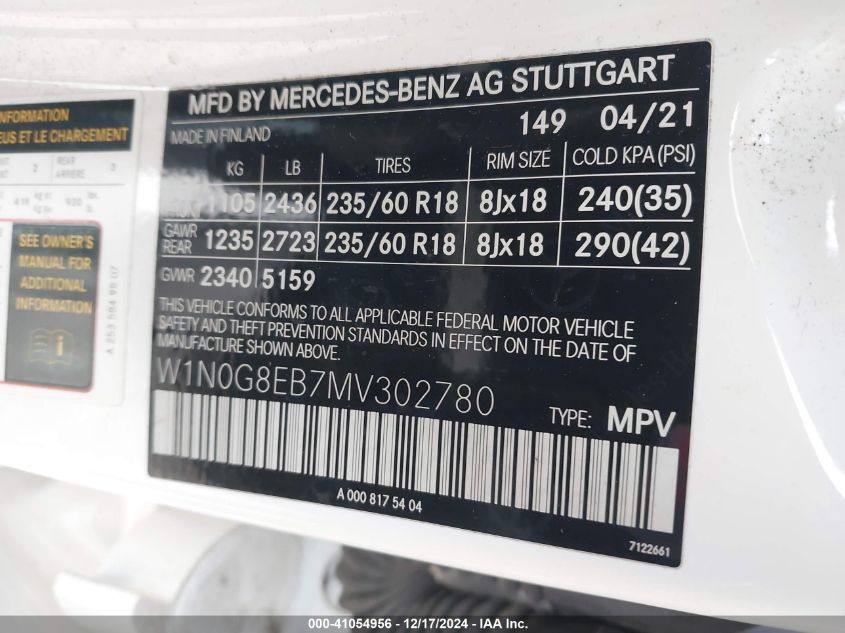 2021 Mercedes-Benz Glc 300 4Matic Suv VIN: W1N0G8EB7MV302780 Lot: 41054956