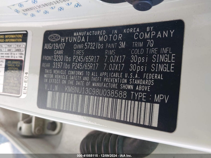 2008 HYUNDAI VERACRUZ VIN: KM8NU13C98U038588