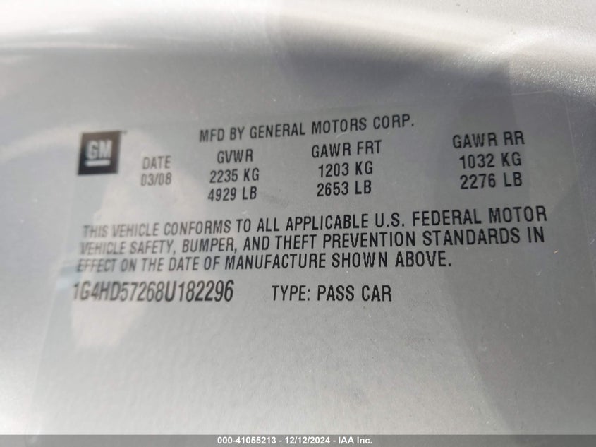 2008 BUICK LUCERNE VIN: 1G4HD57268U182296