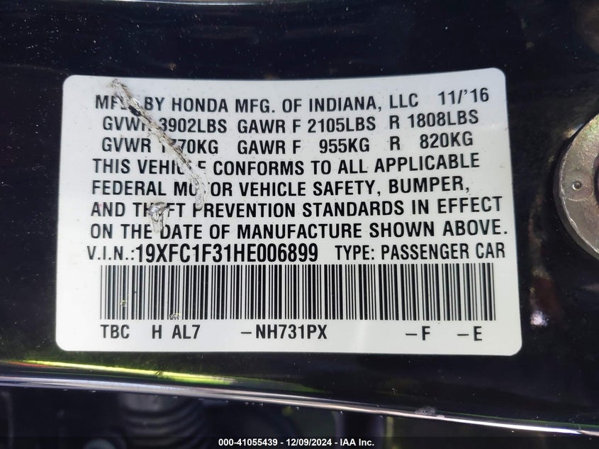 2017 HONDA CIVIC VIN: 19XFC1F31HE006899