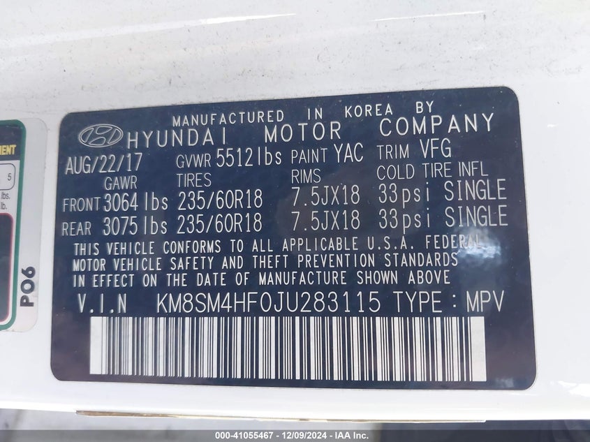 2018 HYUNDAI SANTA FE VIN: KM8SM4HF0JU283115