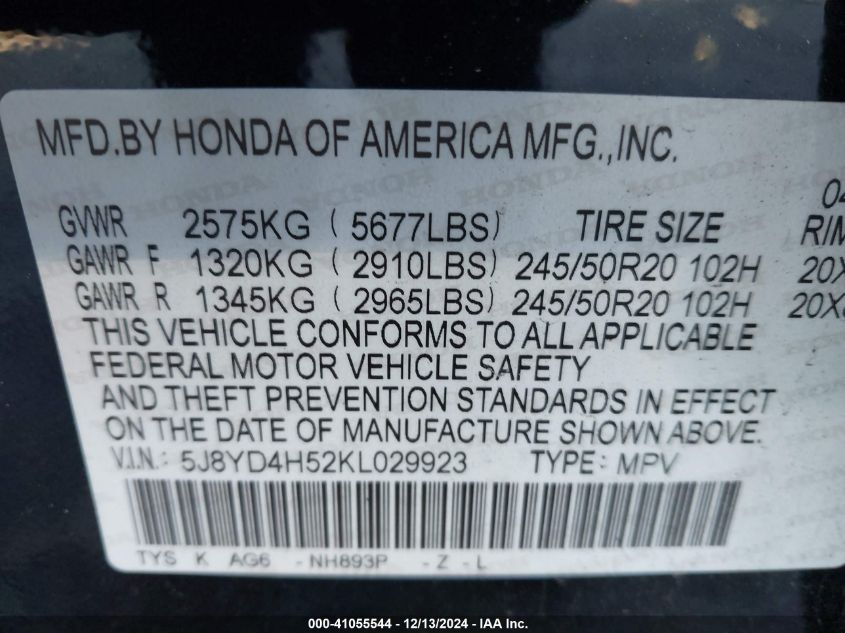 VIN 5J8YD4H52KL029923 2019 Acura MDX, Tech Pkg no.9