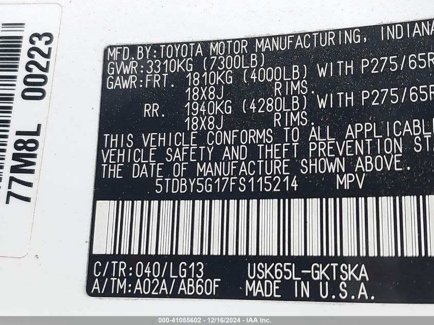 2015 TOYOTA SEQUOIA SR5 5.7L V8 - 5TDBY5G17FS115214