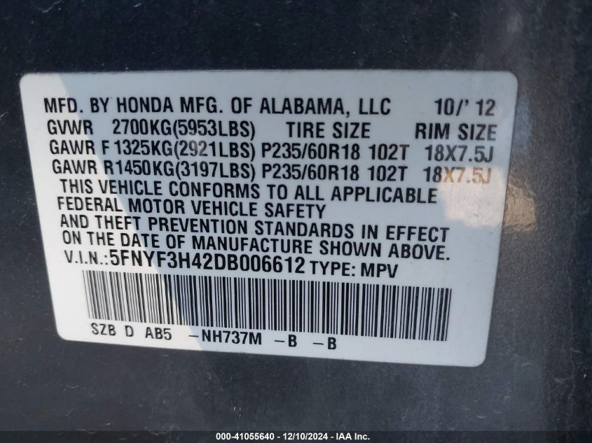 VIN 5FNYF3H42DB006612 2013 Honda Pilot, EX no.9