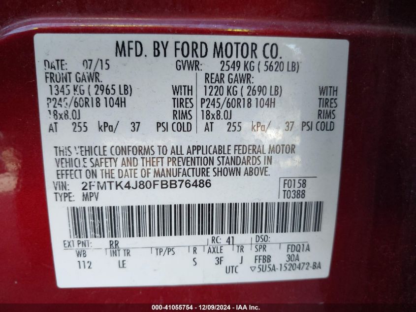 VIN 2FMTK4J80FBB76486 2015 Ford Edge, Sel no.9