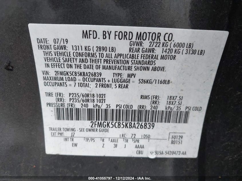 VIN 2FMGK5C85KBA26839 2019 Ford Flex, Sel no.9