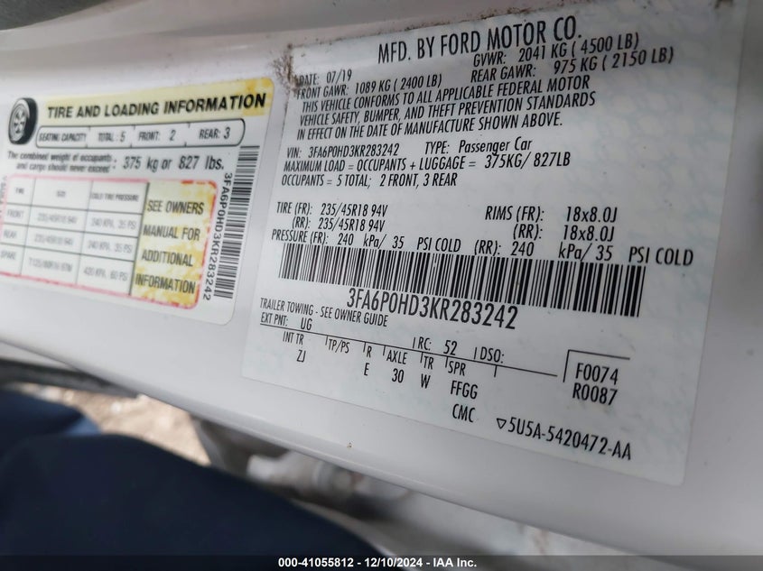 2019 FORD FUSION VIN: 3FA6P0HD3KR283242