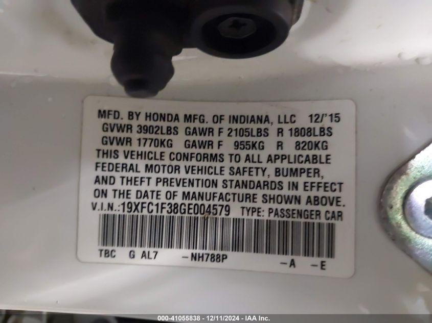 VIN 19XFC1F38GE004579 2016 Honda Civic, Ex-T no.9