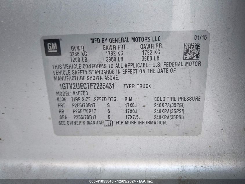 VIN 1GTV2UEC7FZ235431 2015 GMC Sierra, 1500 Sle no.9