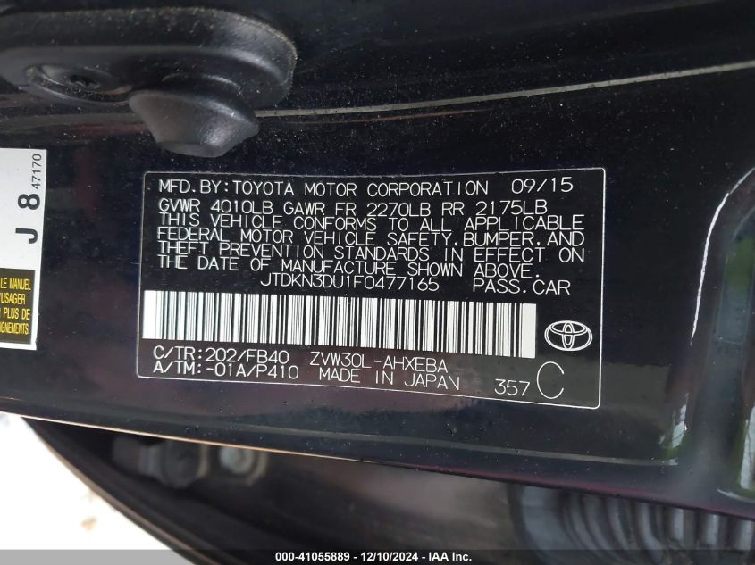 VIN JTDKN3DU1F0477165 2015 Toyota Prius, Two no.9