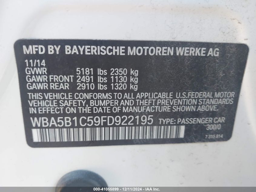 VIN WBA5B1C59FD922195 2015 BMW 535I no.9