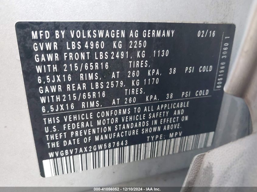 VIN WVGBV7AX2GW587643 2016 VOLKSWAGEN TIGUAN no.9