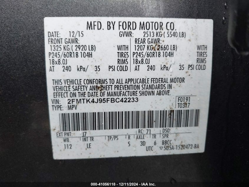 VIN 2FMTK4J95FBC42233 2015 FORD EDGE no.9