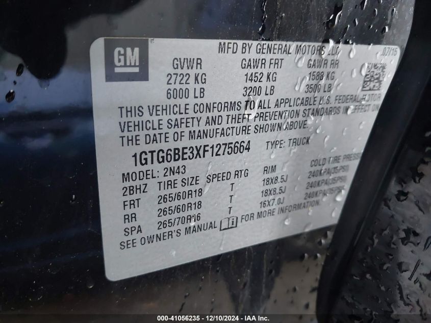 VIN 1GTG6BE3XF1275664 2015 GMC CANYON no.9