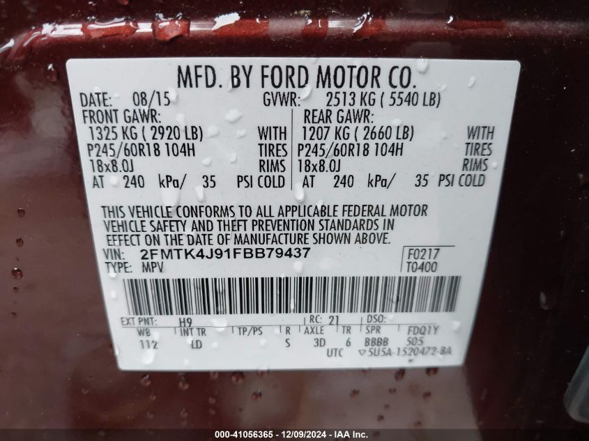 VIN 2FMTK4J91FBB79437 2015 Ford Edge, Sel no.9