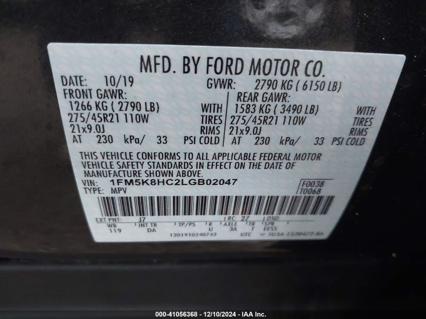 2020 Ford Explorer Platinum VIN: 1FM5K8HC2LGB02047 Lot: 41056368