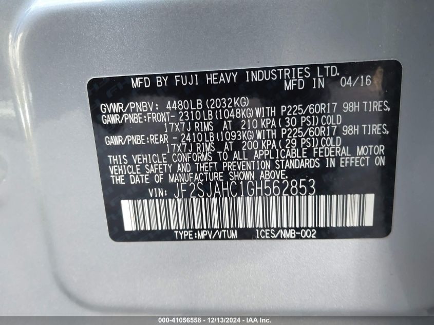 VIN JF2SJAHC1GH562853 2016 Subaru Forester, 2.5I Li... no.9