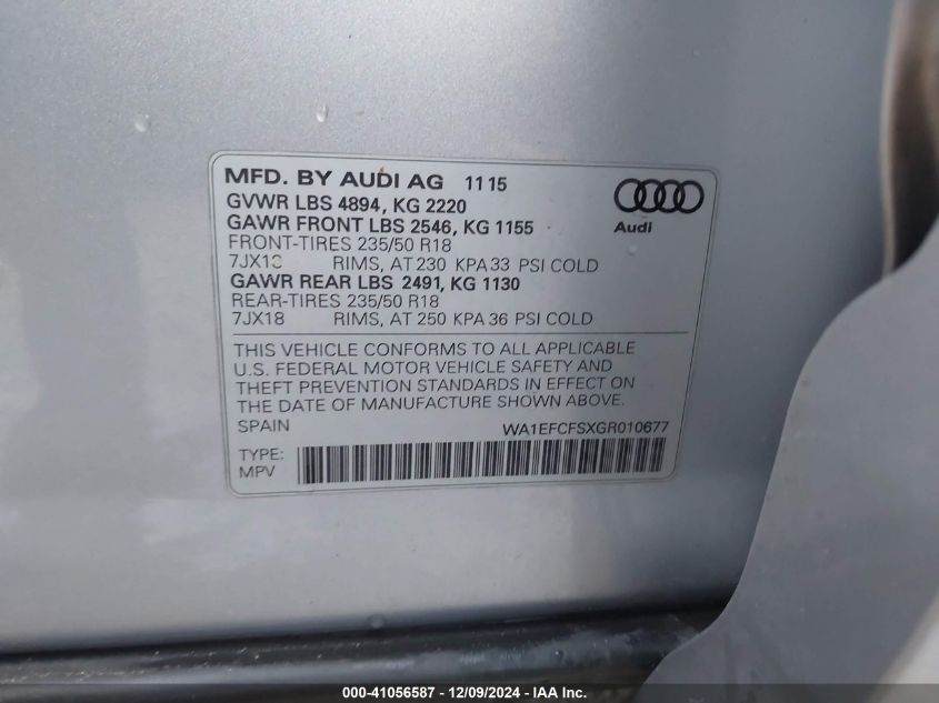 VIN WA1EFCFSXGR010677 2016 Audi Q3, 2.0T Premium Plus no.9