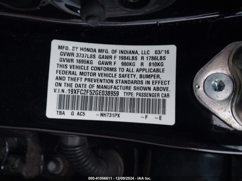 VIN 19XFC2F52GE038959 2016 HONDA CIVIC no.9