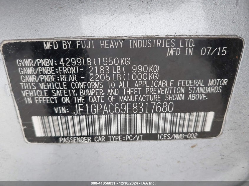 2015 SUBARU IMPREZA 2.0I PREMIUM - JF1GPAC69F8317680