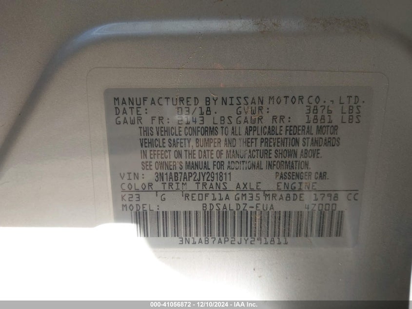 2018 NISSAN SENTRA VIN: 3N1AB7AP2JY291811