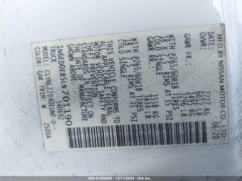 2020 NISSAN FRONTIER SV 4X4 - 1N6ED0EB5LN701190