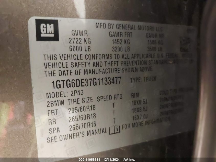 2016 GMC CANYON VIN: 1GTG6DE37G1133477