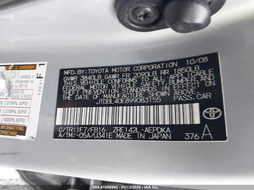 2009 Toyota Corolla VIN: JTDBL40RE89083155 Lot: 41056942